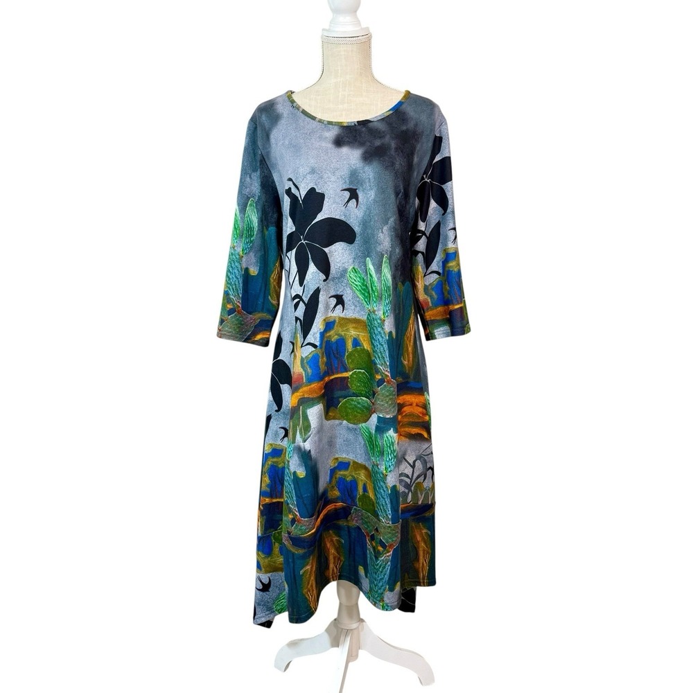 Shana Lantern Tulip Dress Sz LG Abstract Bird Cactus Print Artsy Lagenlook